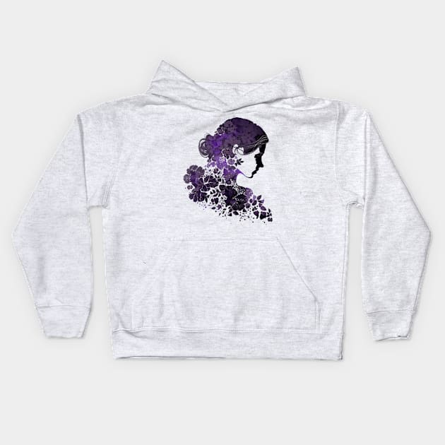 Silhouette of Woman with Purple Flowers Kids Hoodie by daniel4510